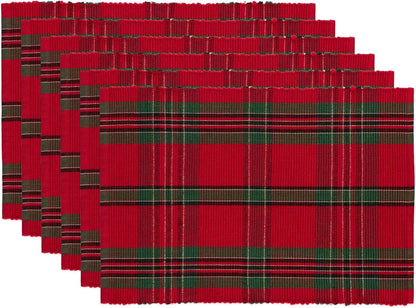 Set of six Christmas Plaid Placemats in red, green, and black for festive holiday dining
