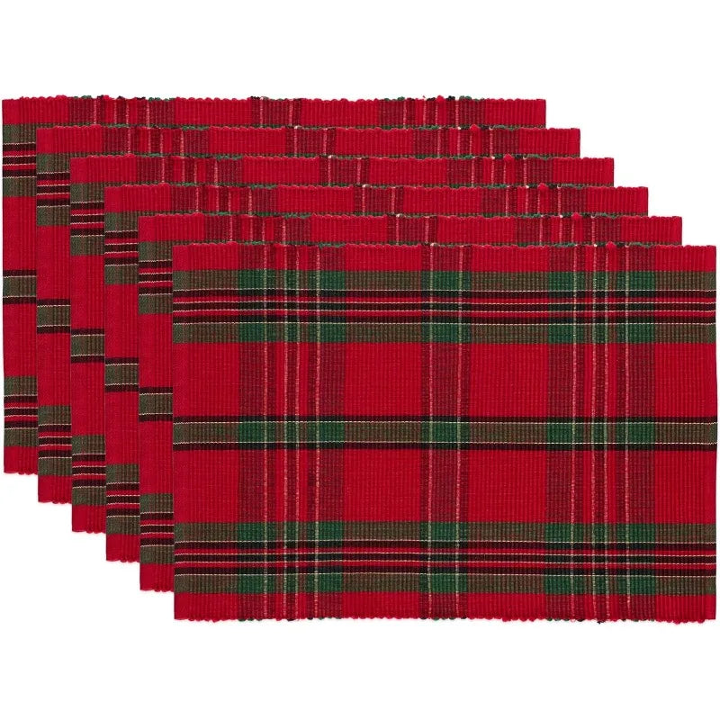 Set of Christmas Plaid Placemats in Red and Green for Festive Table Settings