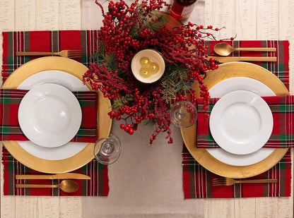 Elegant Christmas Plaid Placemats featuring red and green design on a festive dining table setup