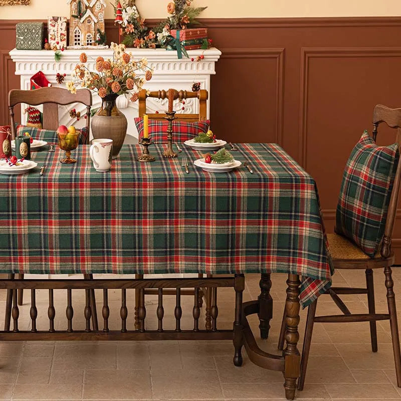 Christmas Plaid Tablecloth in red and green, perfect for festive holiday dining settings