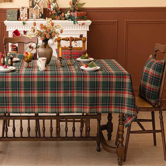 Christmas Plaid Tablecloth in red and green, perfect for festive holiday dining settings