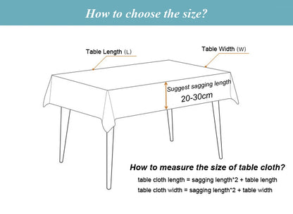 Instructional diagram for selecting size of Christmas Plaid Tablecloth with measurements and sagging length details