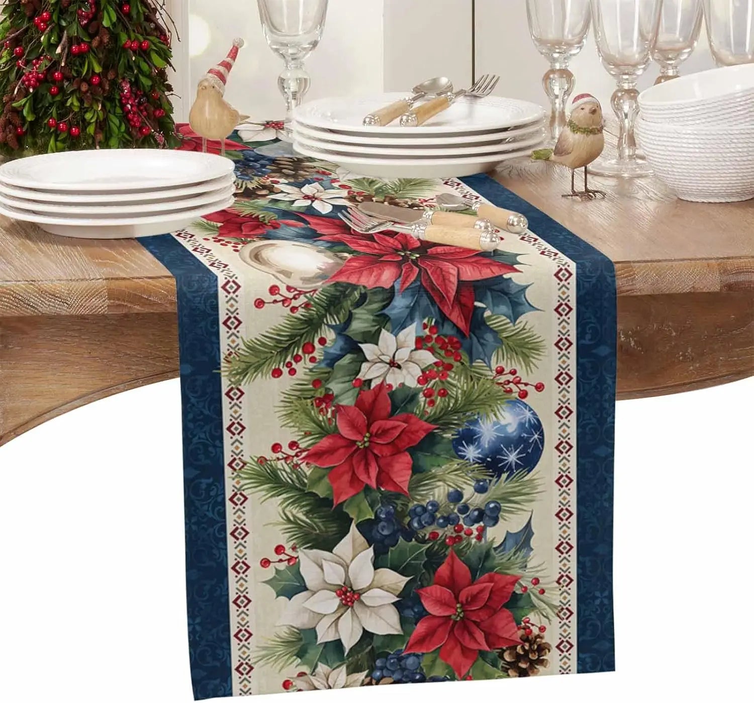 Christmas Poinsettia Flower Linen Table Runner featuring festive red and white floral design for holiday dining
