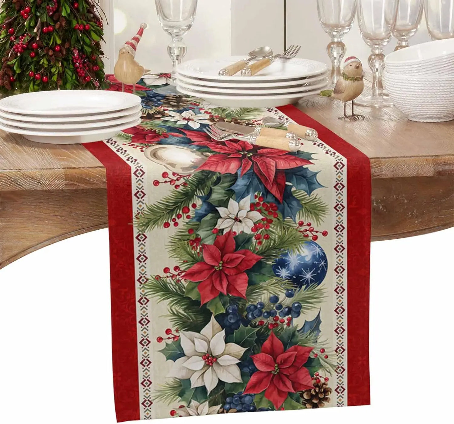 Christmas Poinsettia Flower Linen Table Runner with festive holiday designs on a wooden dining table