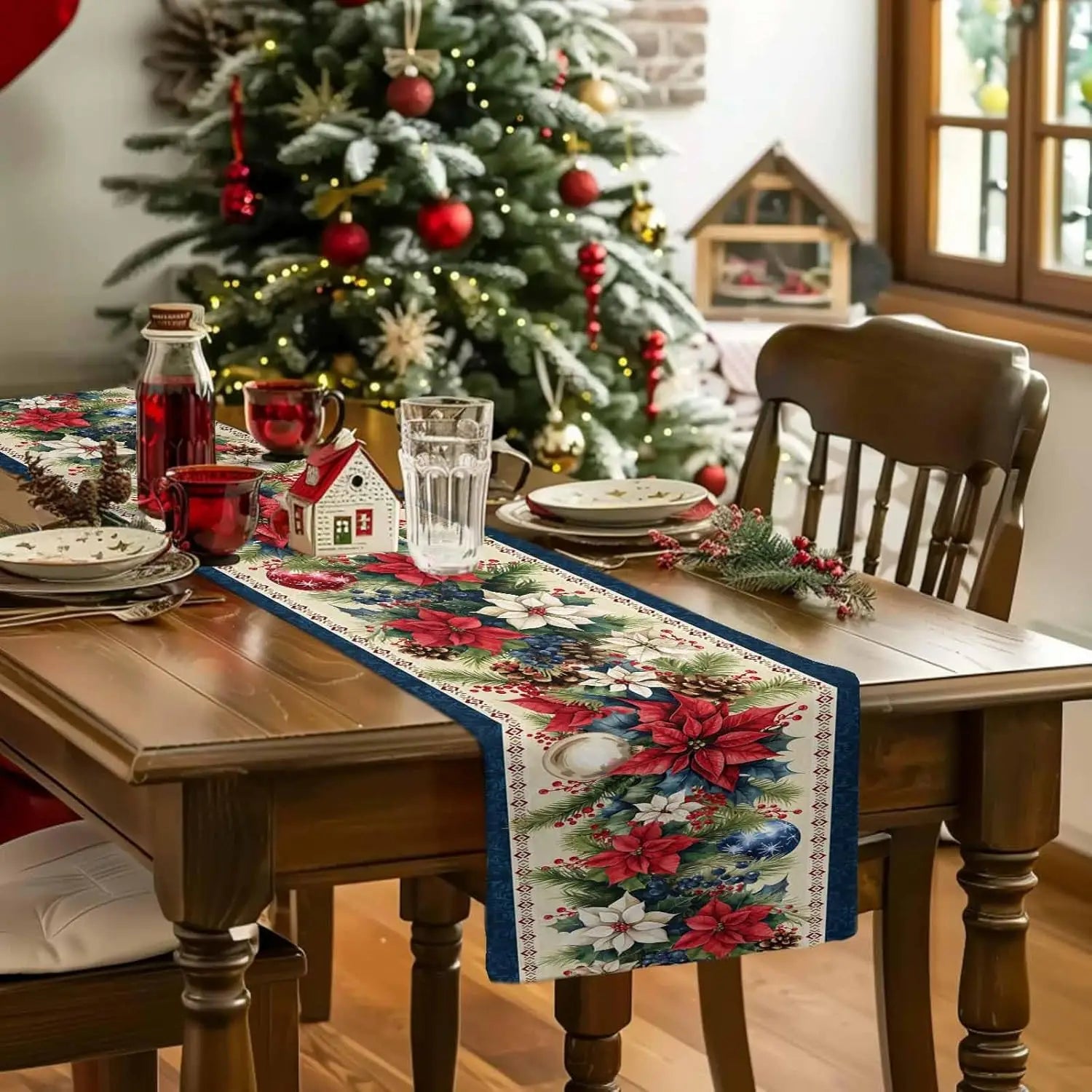Christmas Poinsettia Flower Linen Table Runner on a festive dining table with holiday decorations