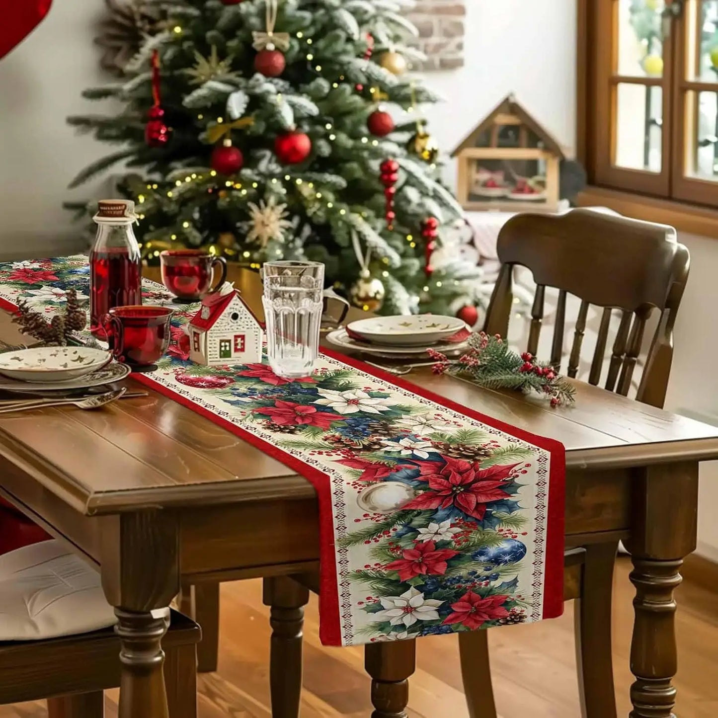 Christmas Poinsettia Flower Linen Table Runner on a Festively Set Dining Table