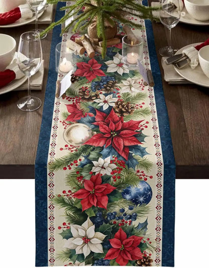 Christmas Poinsettia Flower Linen Table Runner with festive floral design for holiday dining decor