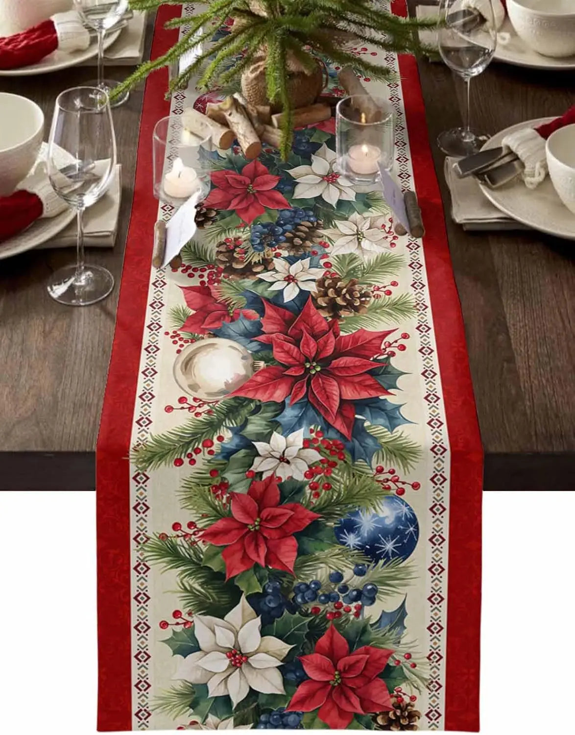 Christmas Poinsettia Flower Linen Table Runner on a festive dining table with candles and dinnerware