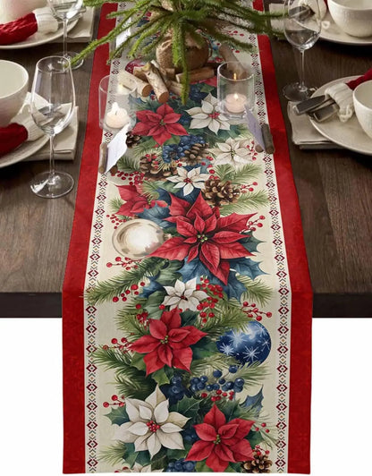 Christmas Poinsettia Flower Linen Table Runner on a festive dining table with candles and dinnerware