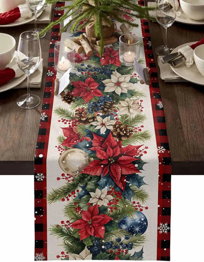 Christmas Poinsettia Flower Linen Table Runner featuring festive floral designs and holiday decor