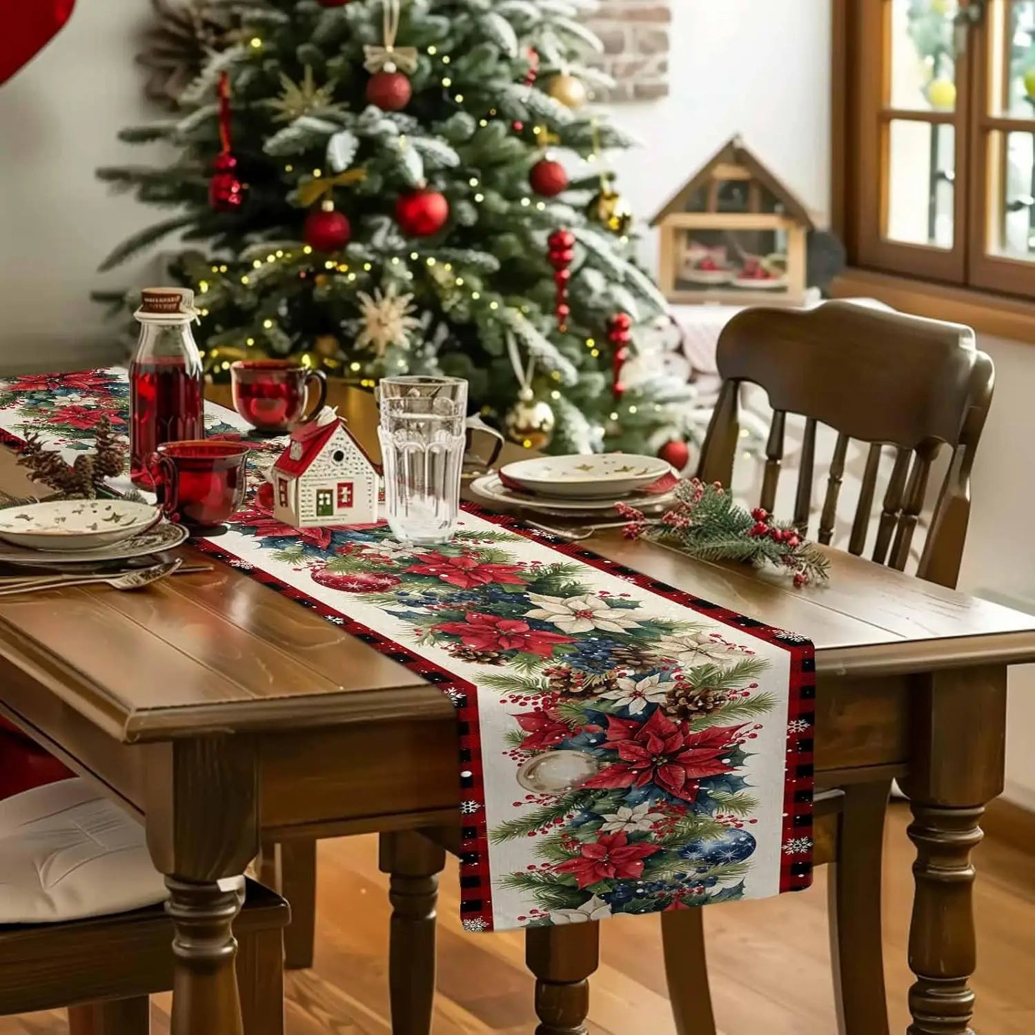 Christmas Poinsettia Flower Linen Table Runner on a dining table decorated for the holidays
