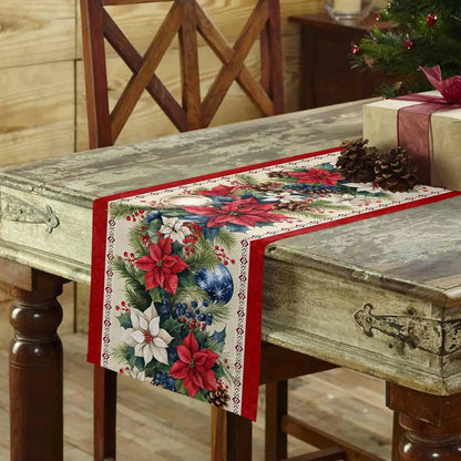 Christmas Poinsettia Flower Linen Table Runner with festive floral design on a rustic wooden table