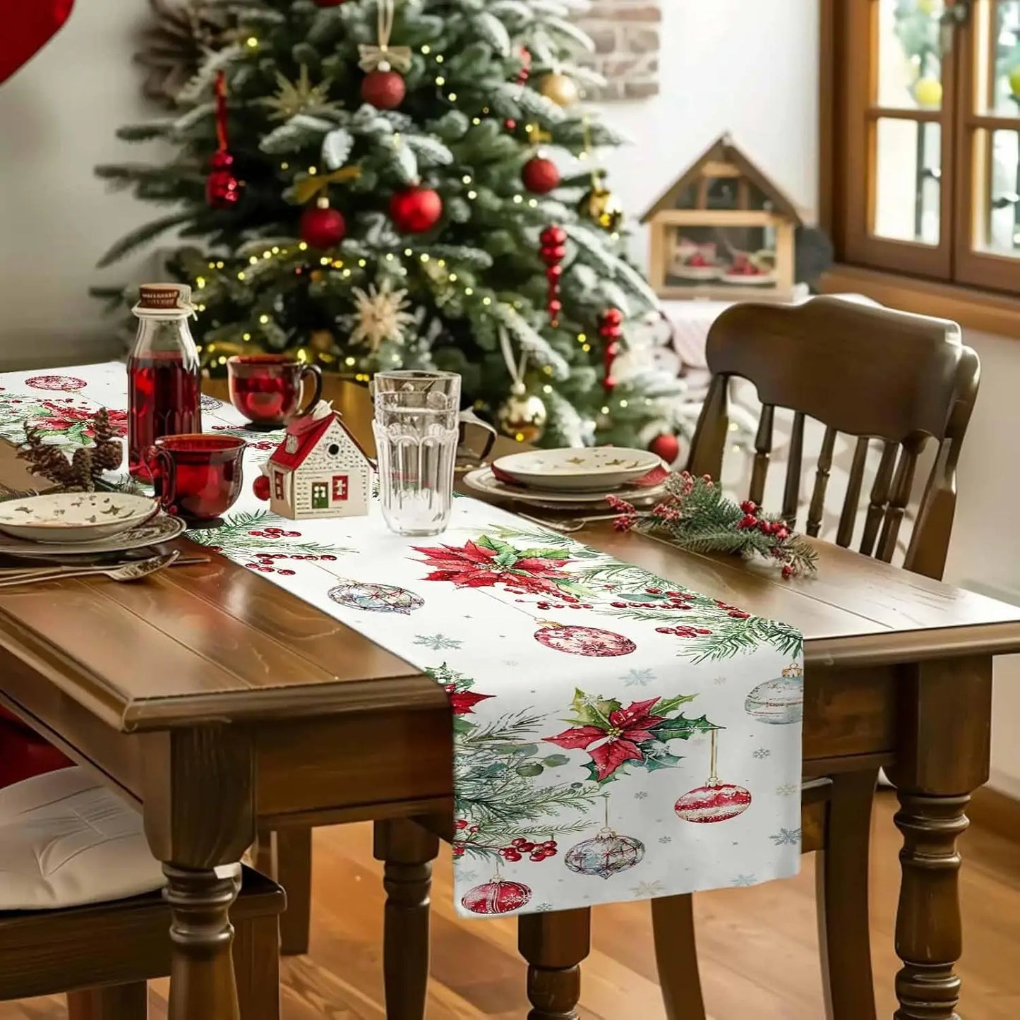 Christmas Poinsettia Linen Table Runner on a holiday dining table with festive decorations