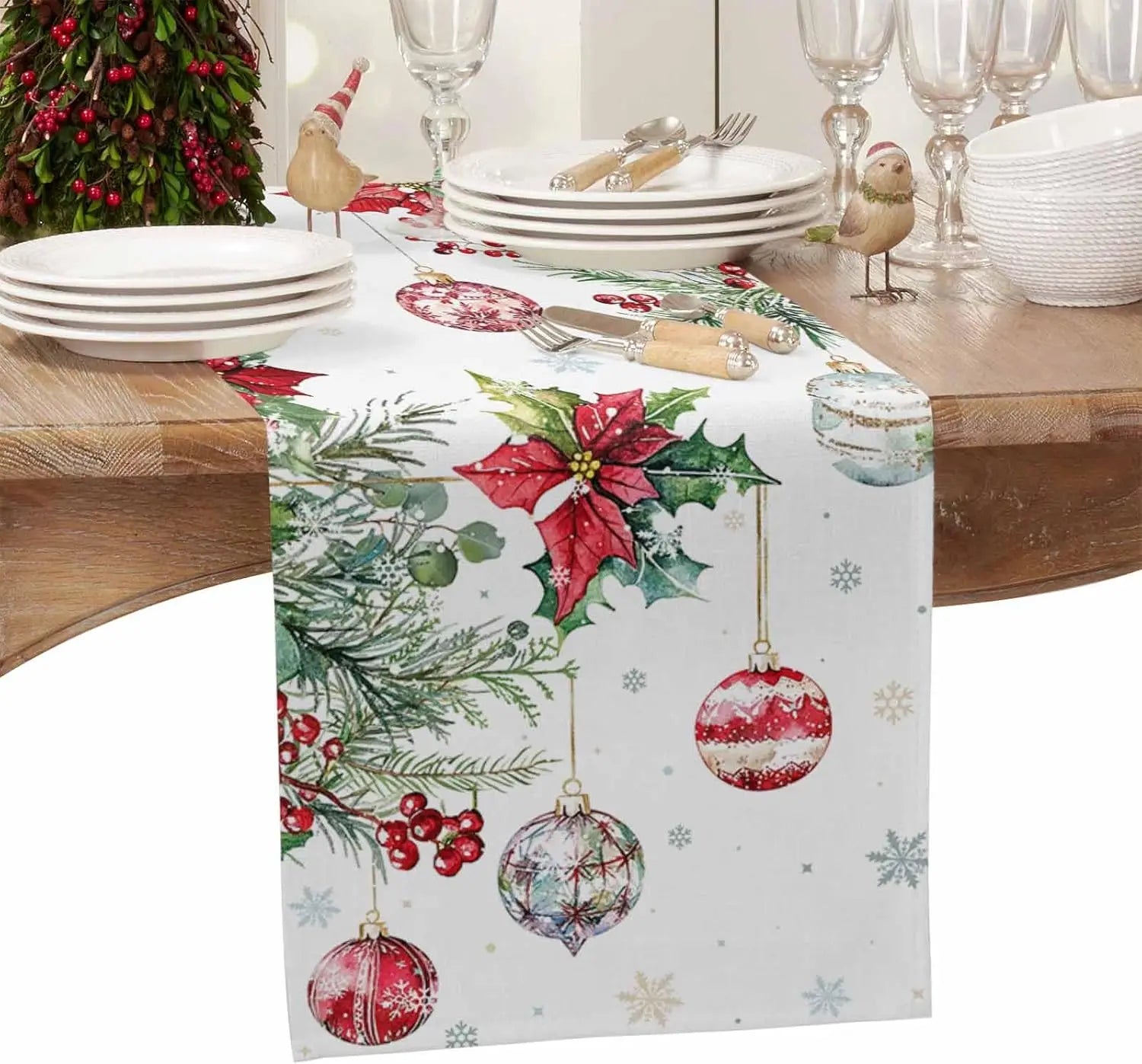 Christmas Poinsettia Linen Table Runner featuring festive decorations and holiday cheer for your dining table