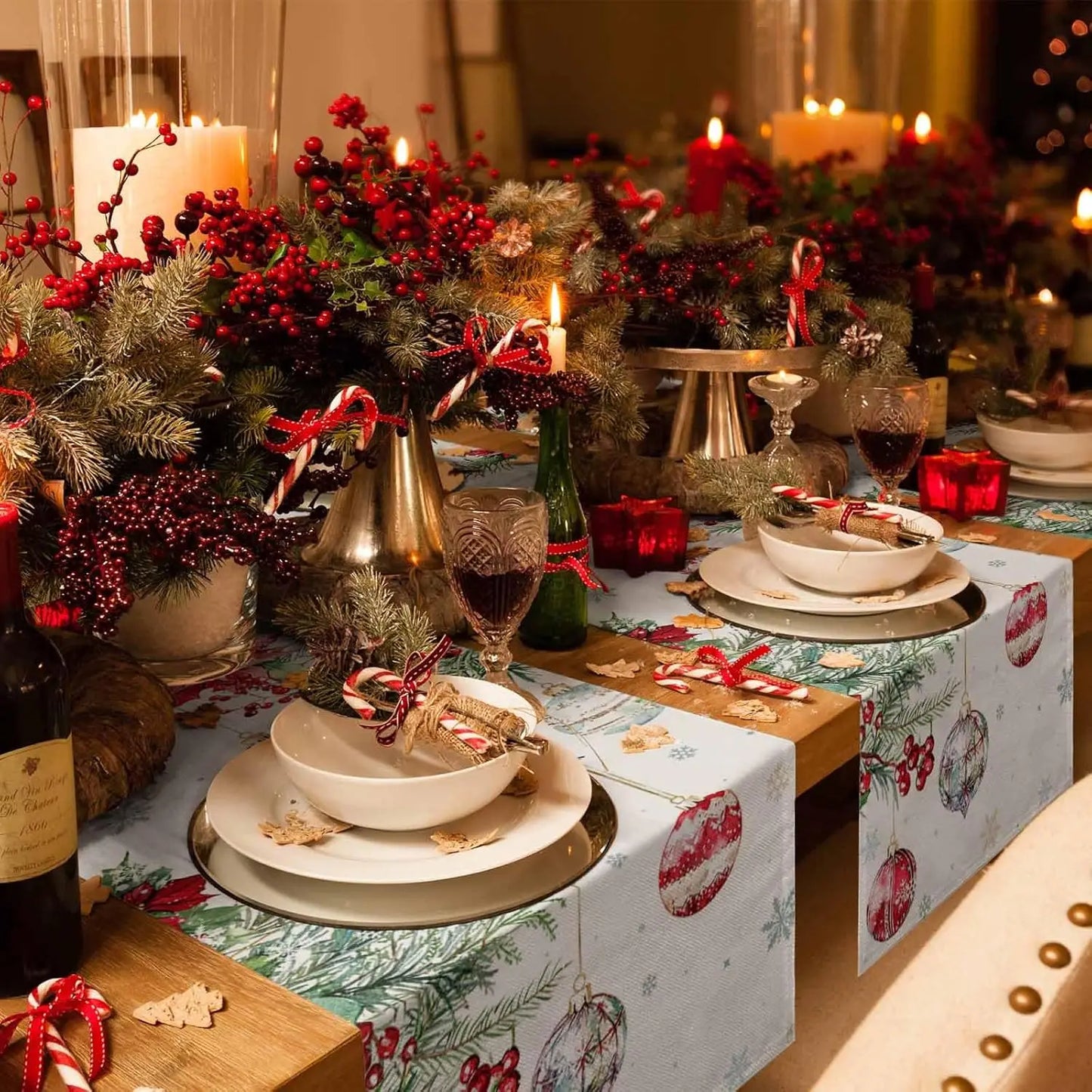 Christmas Poinsettia Linen Table Runner beautifully decorated for a festive holiday table setting