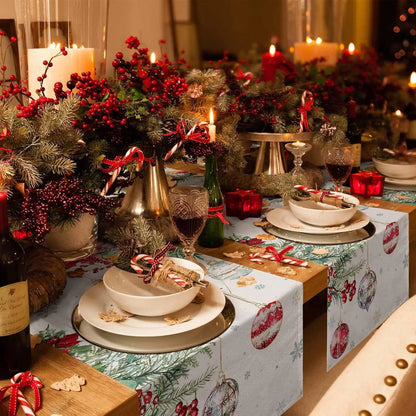 Christmas Poinsettia Linen Table Runner beautifully decorated for a festive holiday table setting