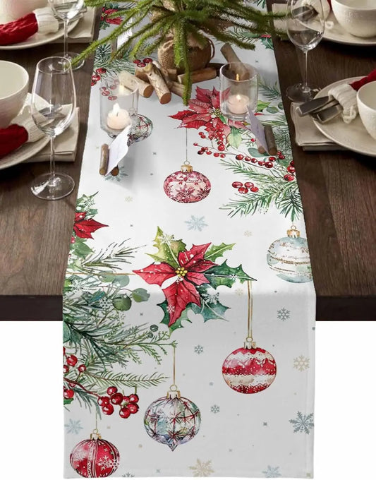 Christmas Poinsettia Linen Table Runner with Holiday Decorations and Ornaments for Festive Dining