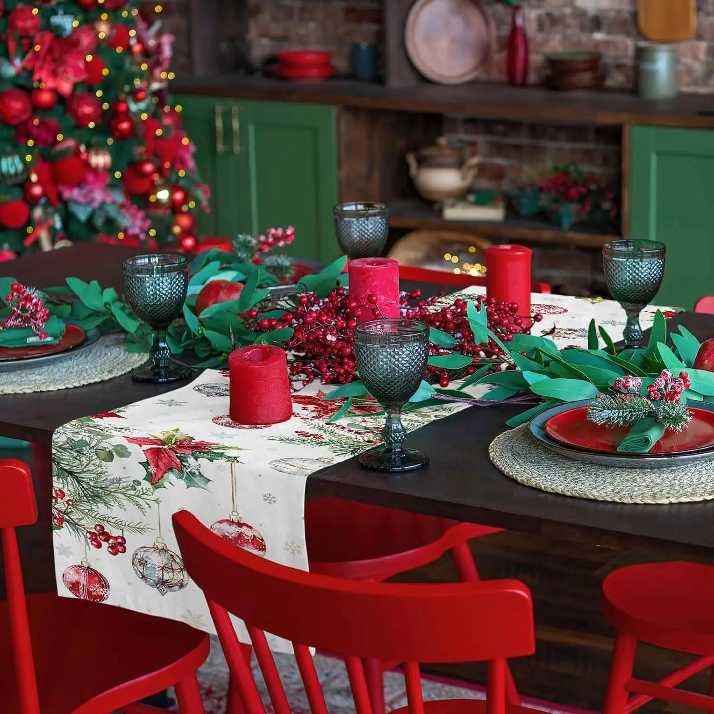 Christmas Poinsettia Linen Table Runner on a festive dining table with red decorations and greenery
