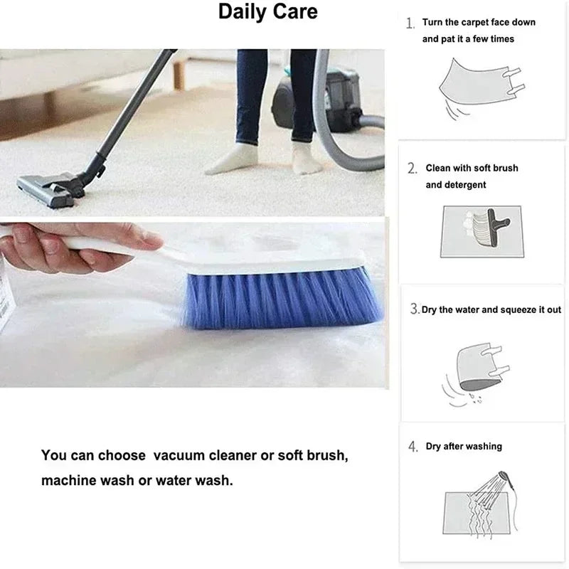 Instructions for cleaning a Christmas rug, featuring a vacuum and brush for maintenance