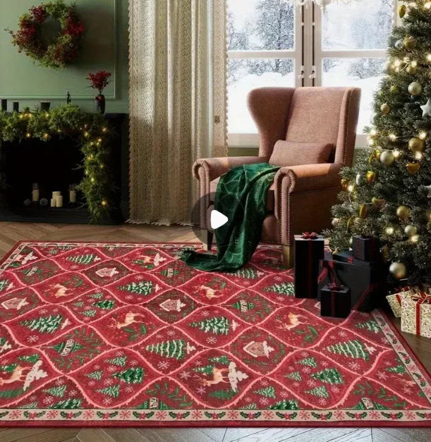Festive Christmas rug featuring whimsical holiday designs, perfect for holiday decor