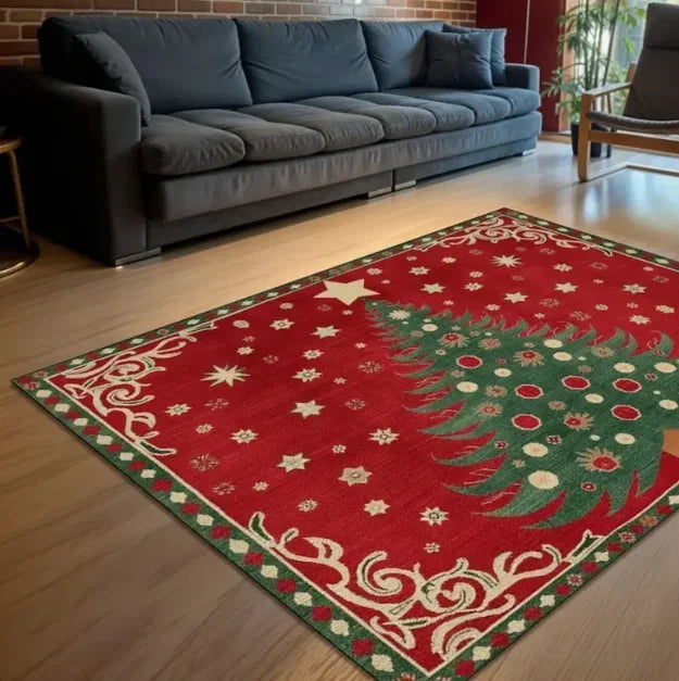 Christmas rug with festive tree design and colorful ornaments, perfect for holiday decoration
