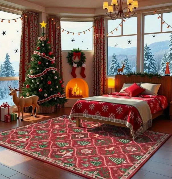 Cozy Christmas rug in a festive living room with a decorated tree and holiday decor