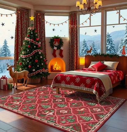 Cozy Christmas rug in a festive living room with a decorated tree and holiday decor