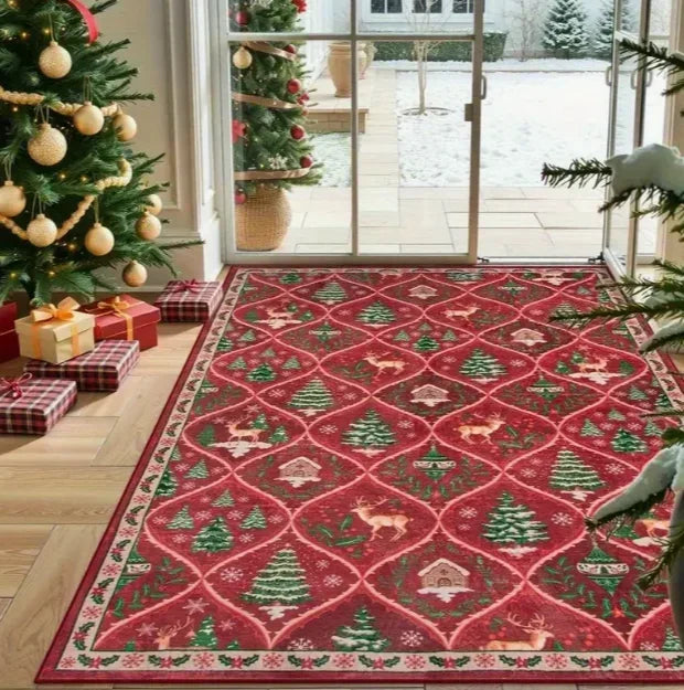 Festive Christmas rug with red and green design featuring trees, reindeer, and snowflakes for holiday decor
