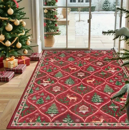 Festive Christmas rug with red and green design featuring trees, reindeer, and snowflakes for holiday decor