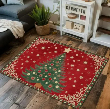 Festive Christmas rug featuring a decorated Christmas tree on a red background with stars and snowflakes