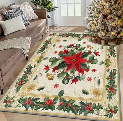 Festive Christmas rug featuring poinsettias and holly, perfect for holiday home decoration