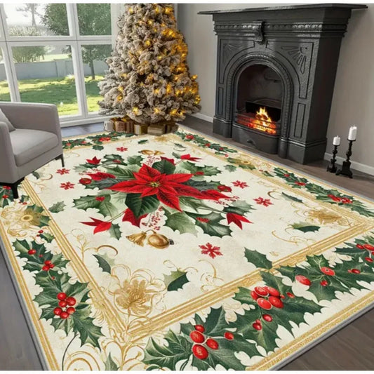 Festive Christmas rug featuring poinsettias and holly, perfect for holiday home decor