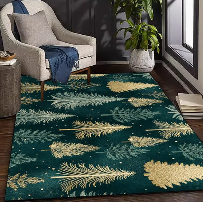 Elegant Christmas rug featuring gold and green pine tree designs, perfect for holiday decor