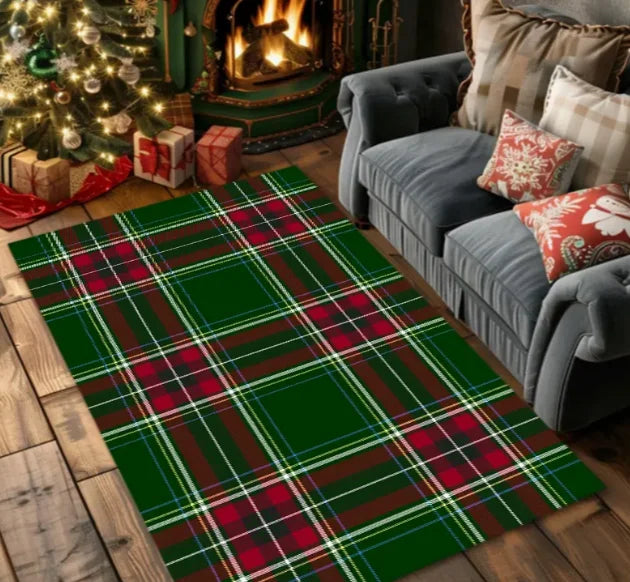Cozy Christmas rug featuring a green plaid design, perfect for holiday decor by the fireplace