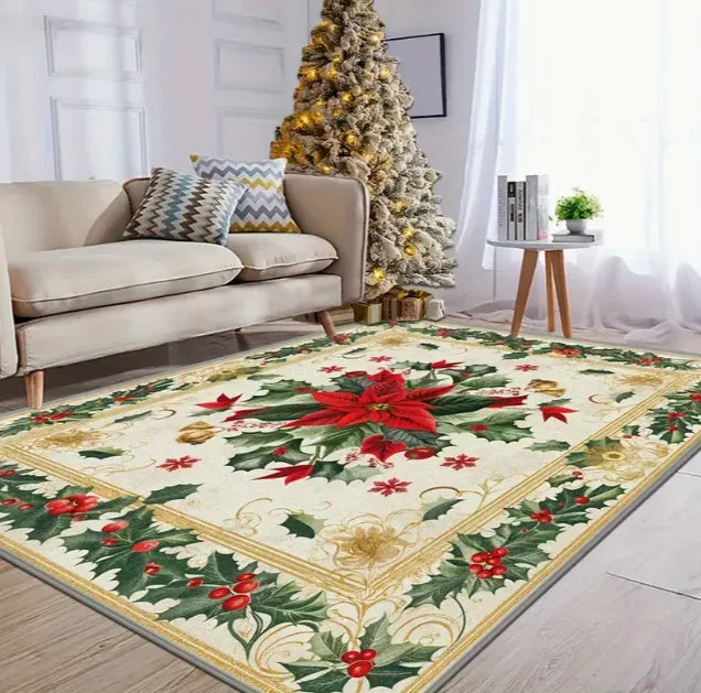 Decorative Christmas rug featuring a festive poinsettia and holly design, perfect for holiday decor