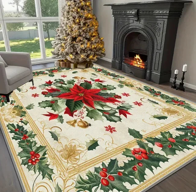 Beautiful Christmas rug featuring poinsettias and holly, perfect for holiday home decor