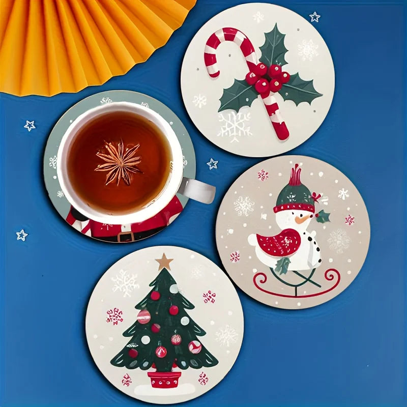 Christmas Santa wood coaster set featuring festive designs of a Christmas tree, snowman, and candy cane