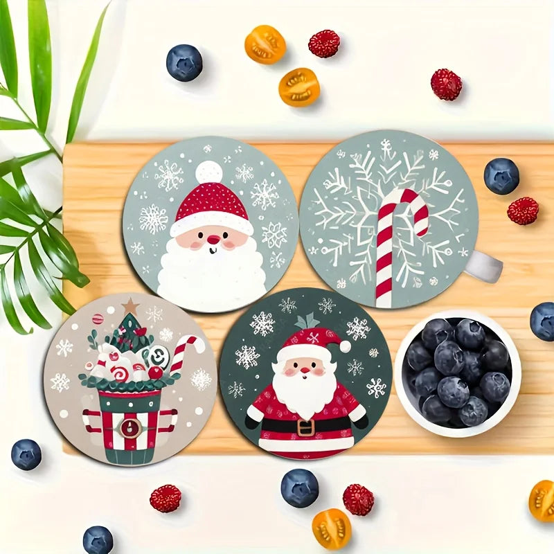 Christmas Santa wood coaster set featuring festive designs with Santa Claus and candy canes