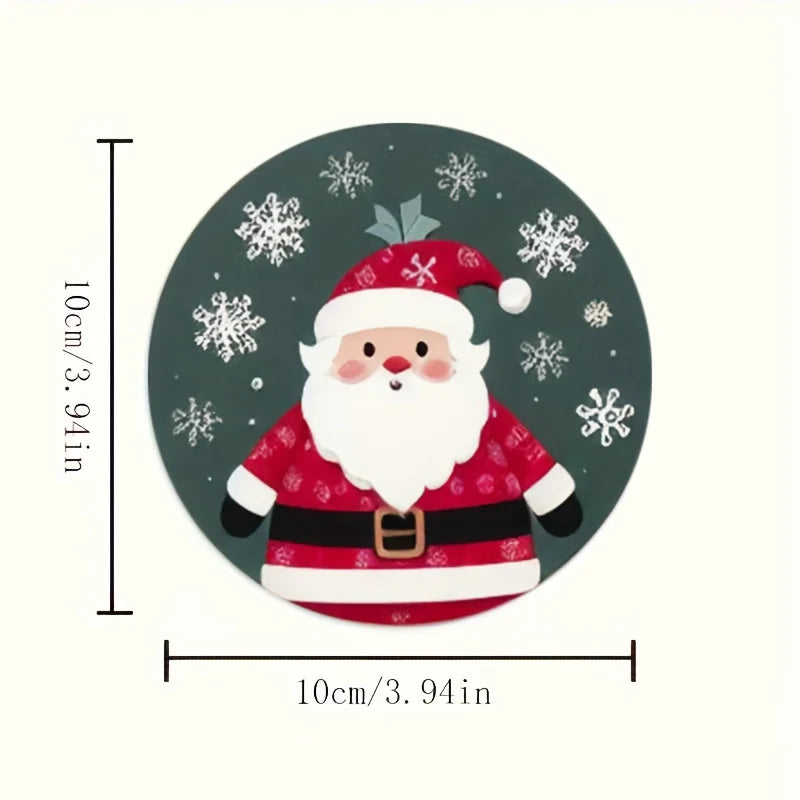Christmas Santa wood coaster set featuring a cheerful Santa with snowflakes on a round coaster