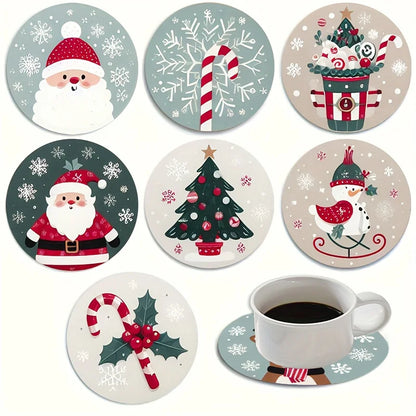 Christmas Santa wood coaster set featuring festive designs with Santa, trees, and holiday decorations