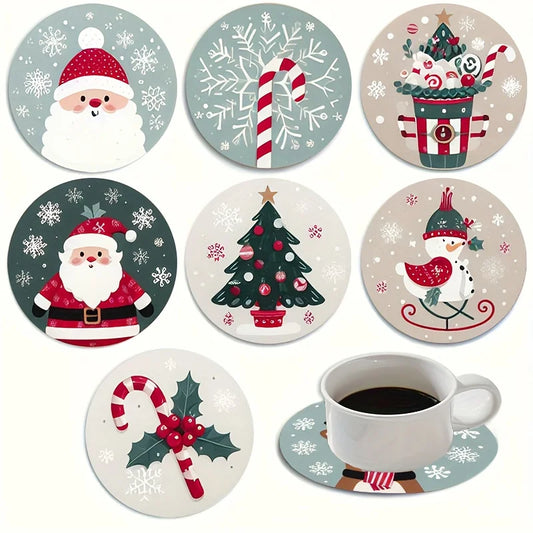 Christmas Santa wood coaster set featuring festive designs with Santa, trees, and holiday decorations
