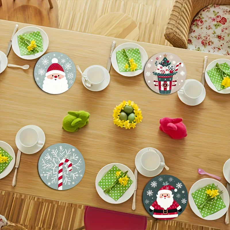 Christmas Santa wood coaster set featuring festive designs on a dining table with holiday décor