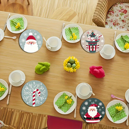 Christmas Santa wood coaster set featuring festive designs on a dining table with holiday décor