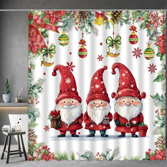 Colorful Christmas shower curtain featuring three festive gnomes with Christmas gifts and decorations
