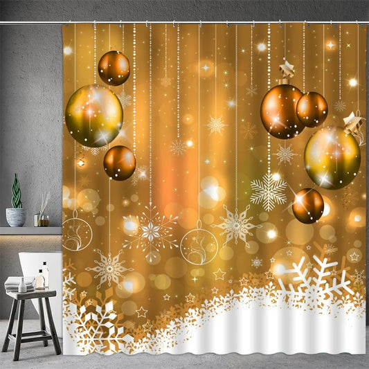 Elegant Christmas shower curtain with gold ornaments and snowflakes, perfect for holiday decor