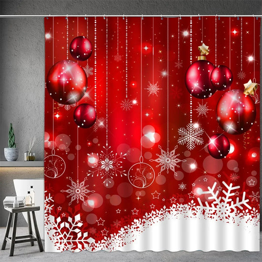 Vibrant Christmas shower curtain featuring red ornaments and snowflakes for festive bathroom decor