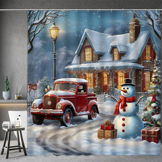 Festive Christmas shower curtain featuring a snowy scene with a red truck, snowman, and decorated home