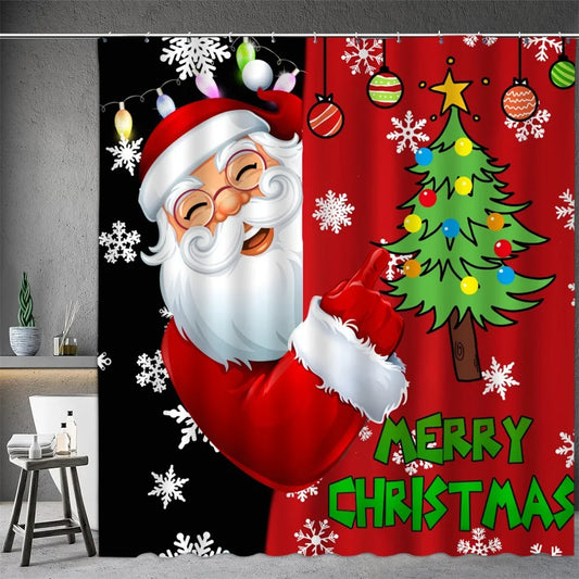 Colorful Christmas shower curtain featuring Santa Claus and a decorated Christmas tree