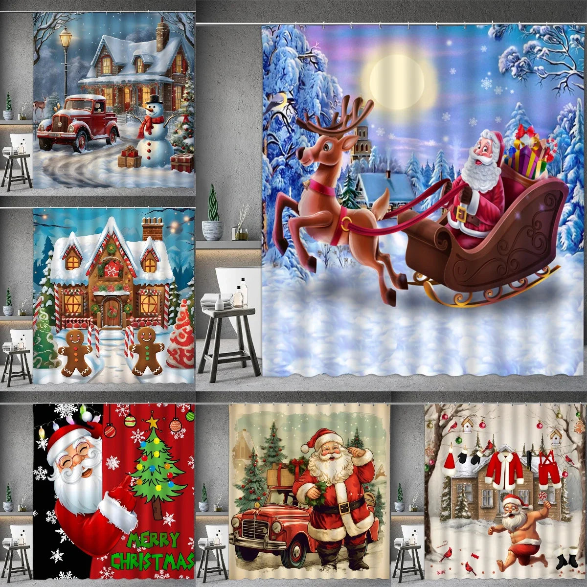 Colorful Christmas shower curtain featuring Santa, reindeer, and festive winter scenes