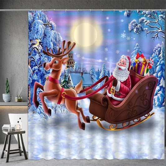 Christmas Shower Curtain featuring Santa in a sleigh with reindeer and a snowy winter scene